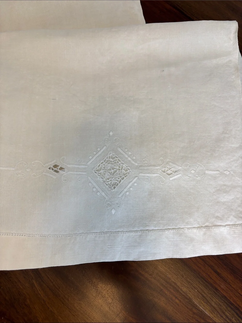 Two (2) Vintage Embroidered White Linen Napkins- Oh la1